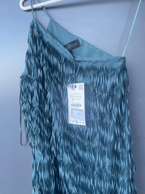 zara blue fringe dress FRINGED MIDI SECOND HAND Straight neck dress with