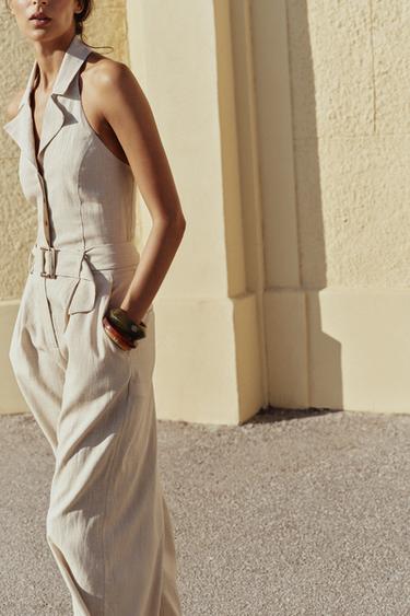 HALTER NECK JUMPSUIT WITH LINEN BLEND - Sand by Zara - Image 2