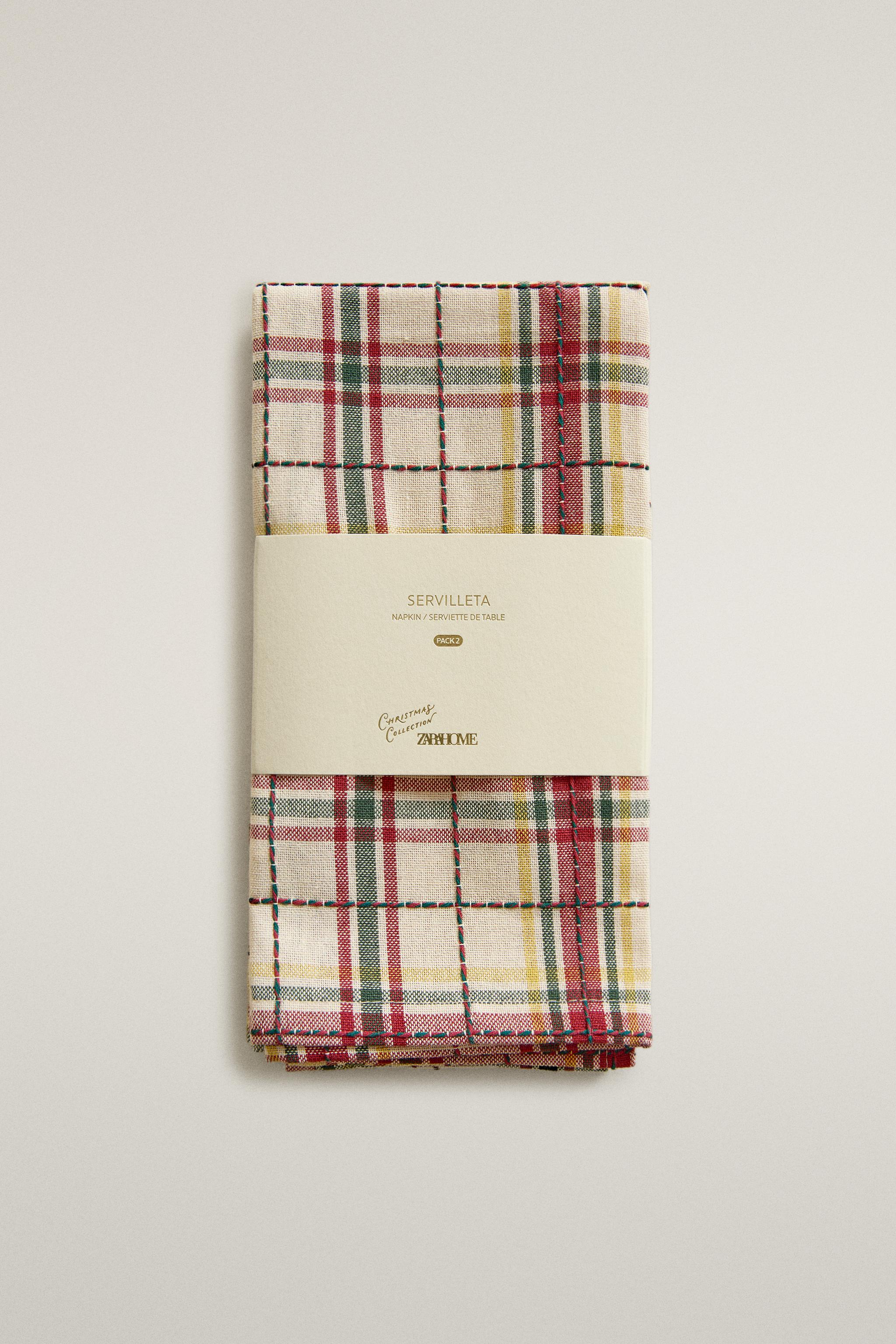 SERVIETTES DE TABLE COTON CARREAUX CŒURS NOËL (LOT DE 2)