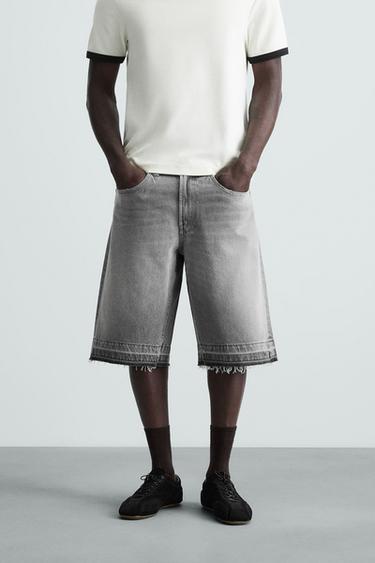 Zara BAGGY FIT DENIM SHORTS - Gray