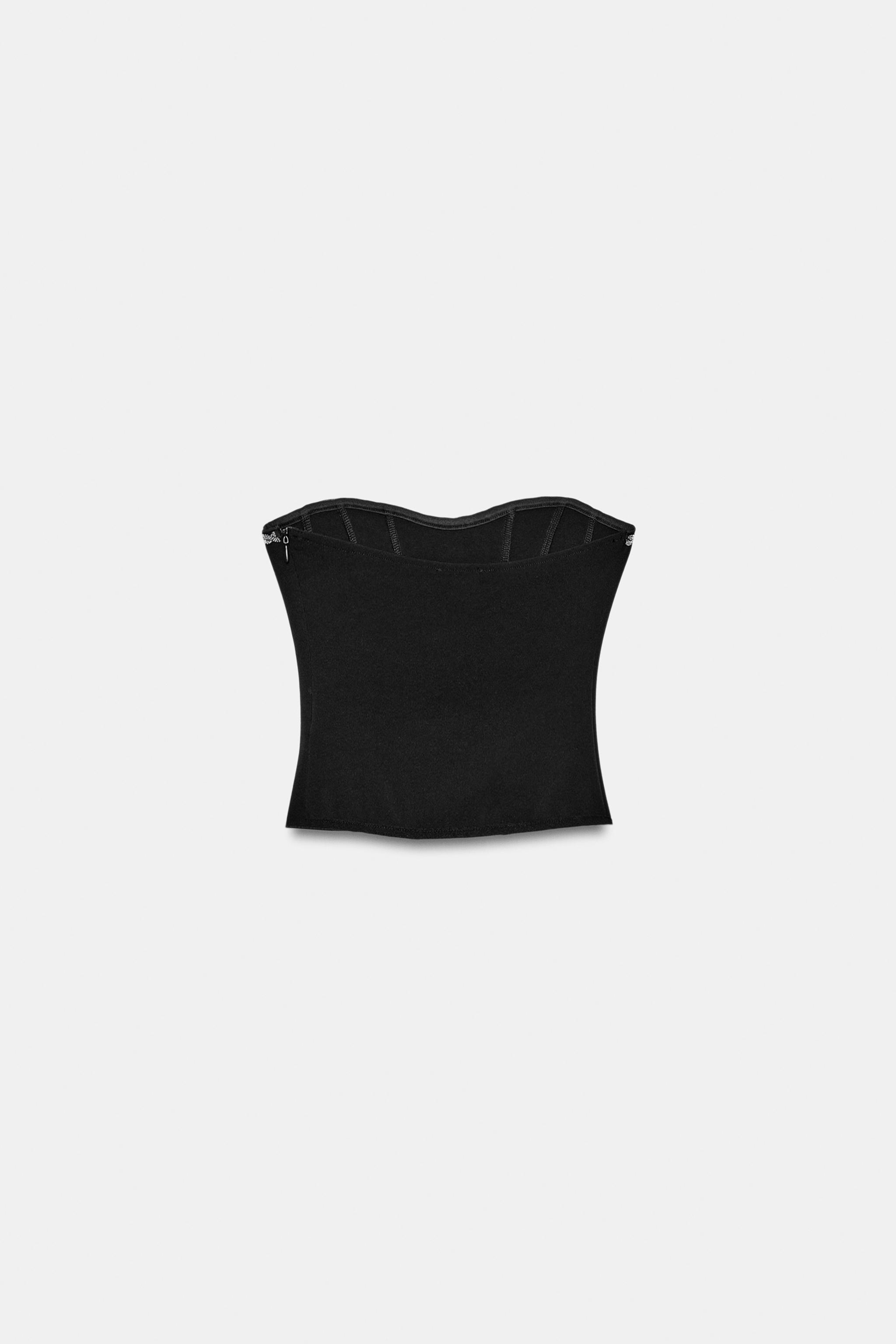 CORSETRY-INSPIRED STRETCH SHIMMER TOP — Black