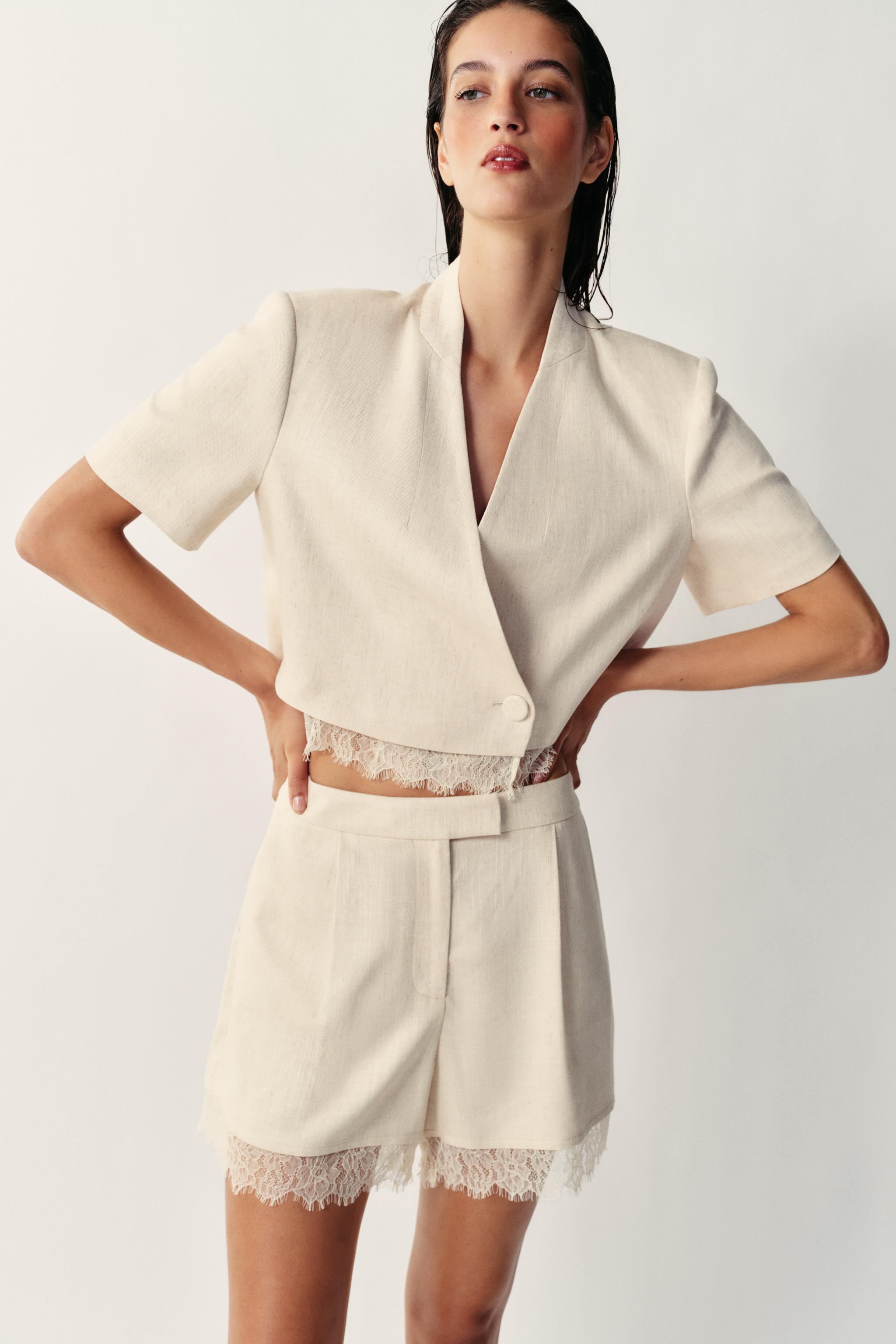 Женские пиджаки Zara LACE TRIM CROPPED BLAZER — фото 5
