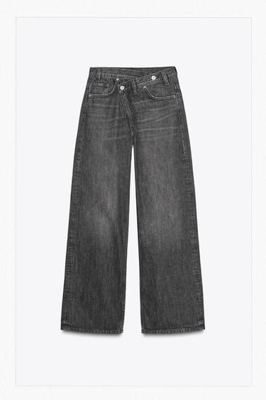 Zara TRF HIGH WAIST CROSSOVER WAIST WIDE LEG JEANS - Black