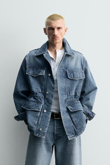 Zara DENIM UTILITY POCKET PARKA LIMITED EDITION - Mid-blue