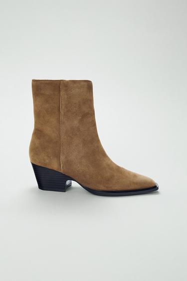 Zara SPLIT LEATHER HEELED ANKLE BOOTS - SAND/BROWN