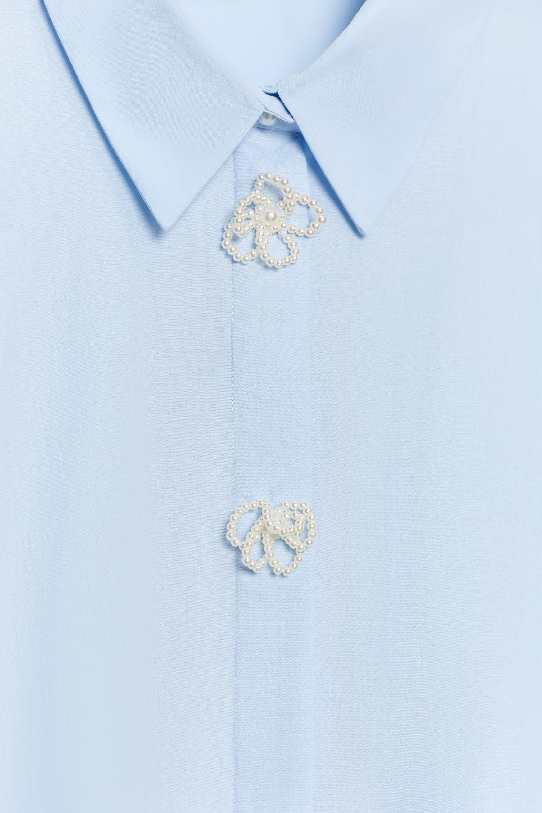 Zara Suni İnci Çiçekli Poplin Gömlek görsel 7