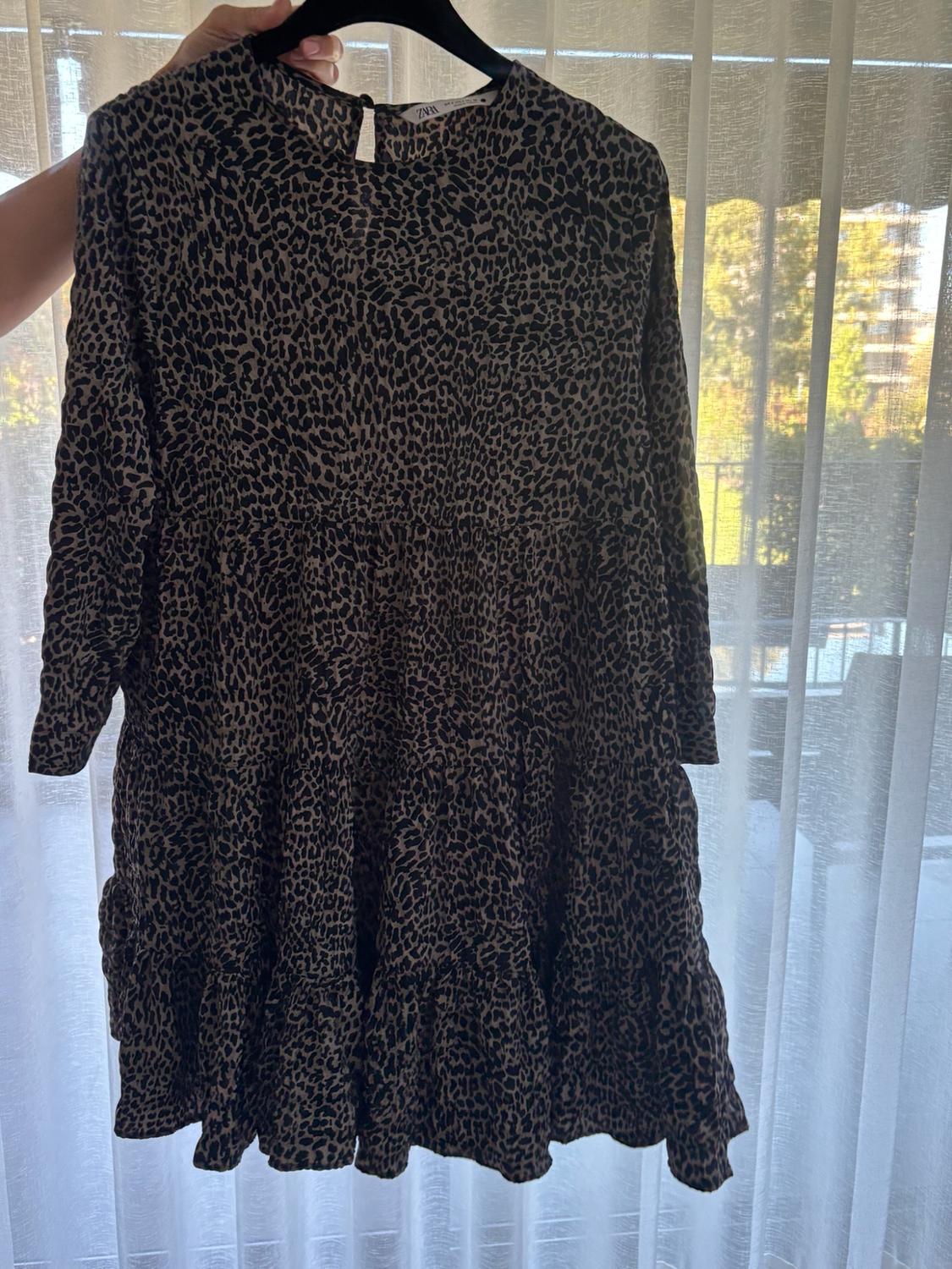 Short leopard print dress on a black hanger in front of white curtains. ZARA label.