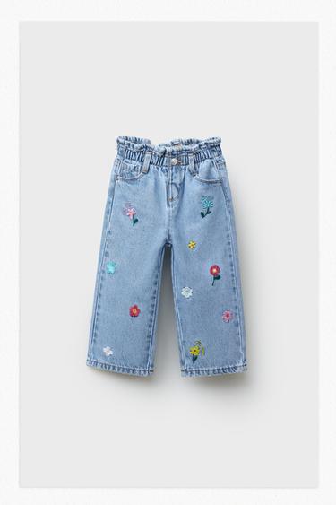 EMBROIDERED FLORAL PAPERBAG JEANS - Blue by Zara