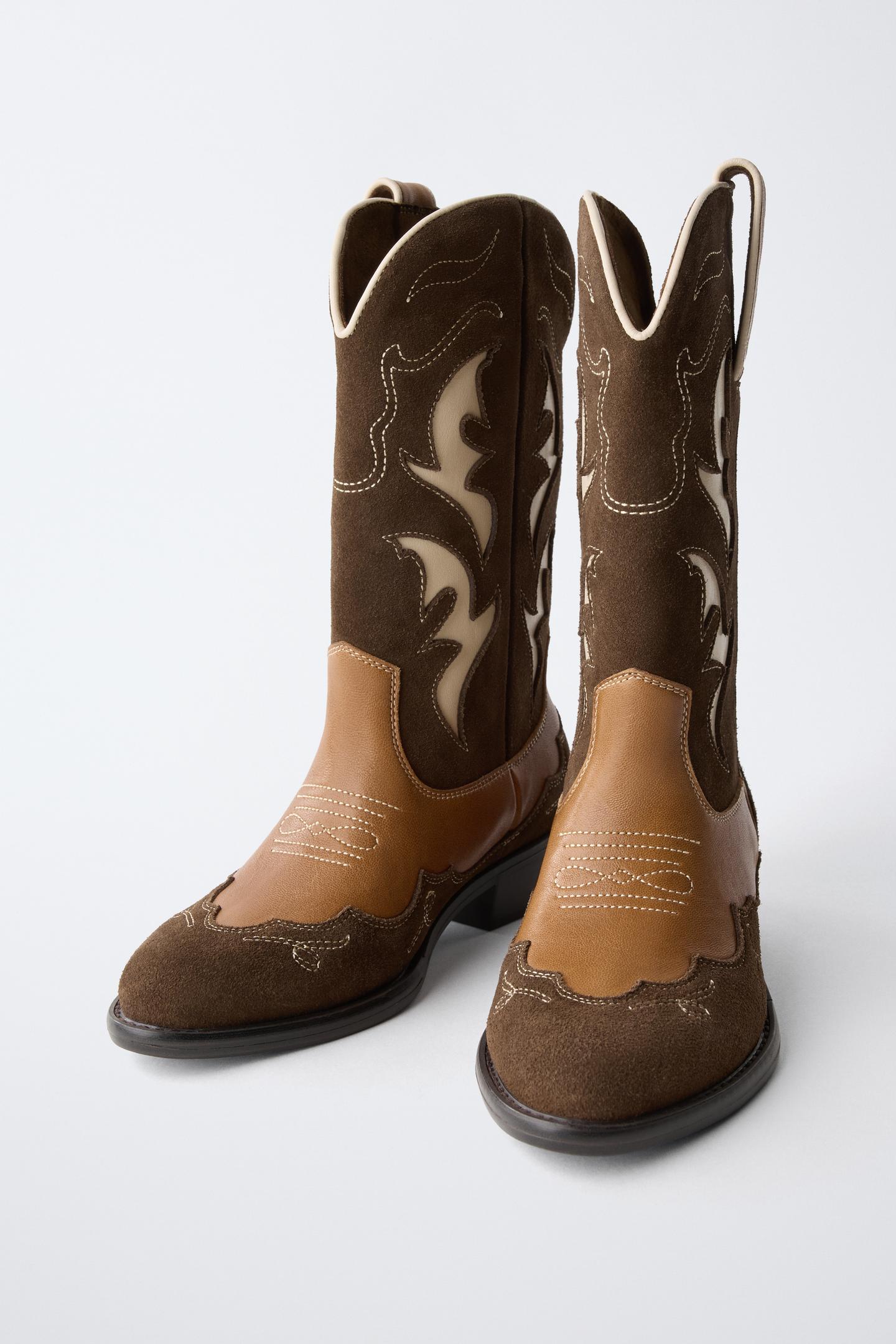 Детские ботинки Zara Contrast Leather Cowboy, цвет: Коричневый — фото 3