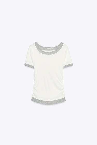 T-SHIRT DOUBLE CÔTELÉ À PLIS - Blanc de Zara - Image 4