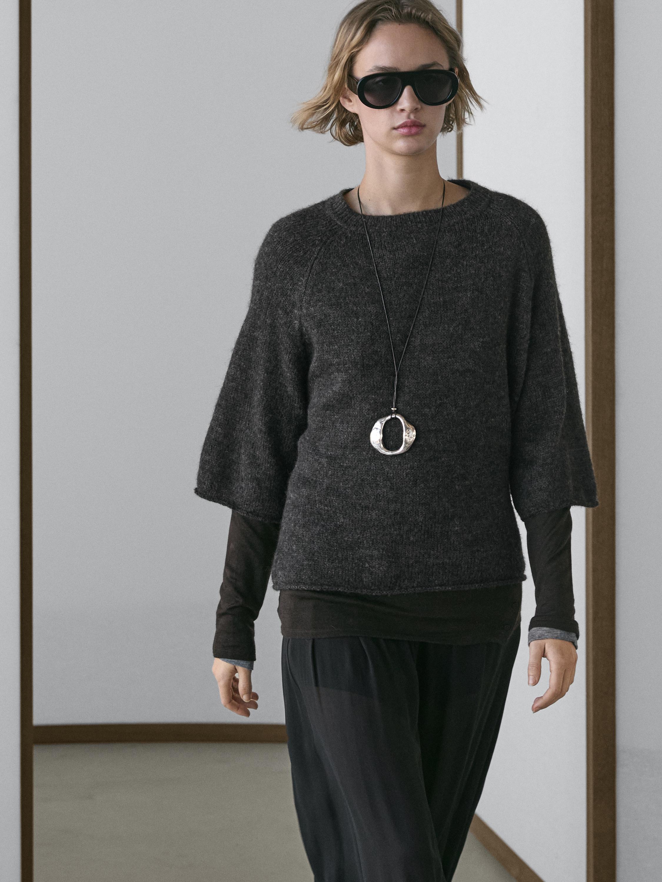 Knit alpaca and wool blend raglan sleeve sweater
