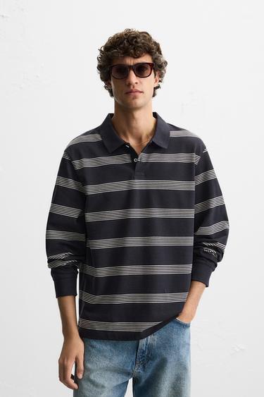 STRIPED PIQUÉ POLO SHIRT - Navy blue by Zara