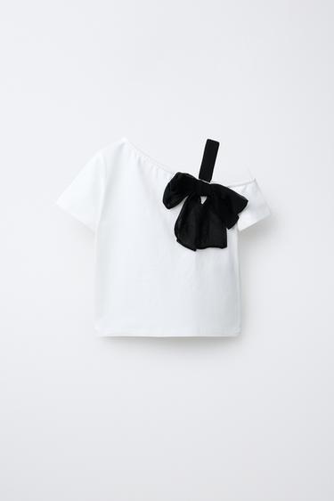 ASYMMETRIC NECK T-SHIRT WITH BOW DETAIL - White by Zara