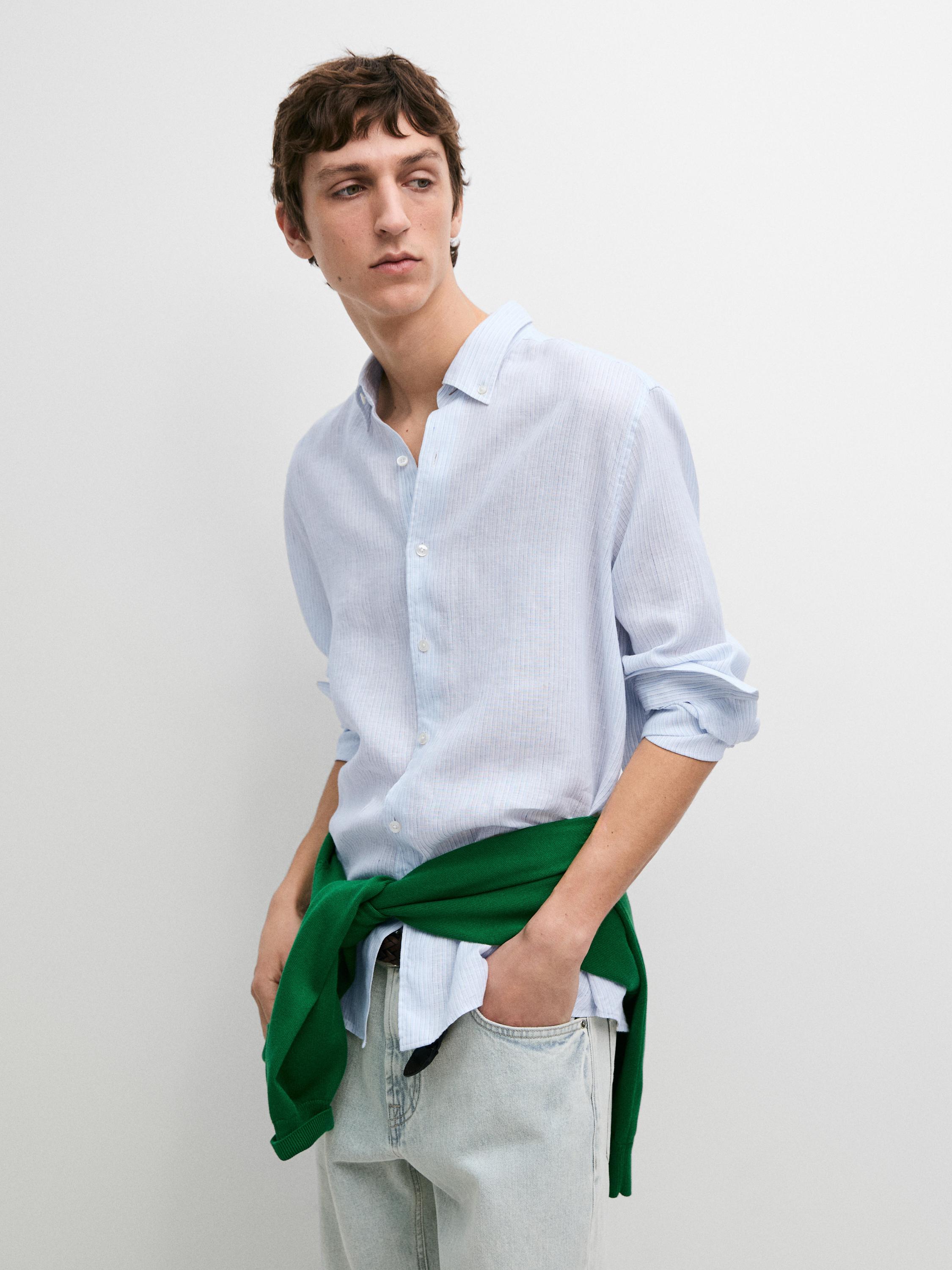 Regular fit 100% linen striped shirt