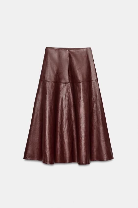 LEATHER-EFFECT LAYERED MIDI SKIRT - Burgundy by Zara - Image 4