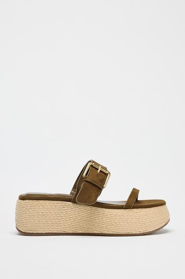 Zaras SANDALER MED PLATÅ, RAFFIAEFFEKT OCH REMMAR - Khakigrön