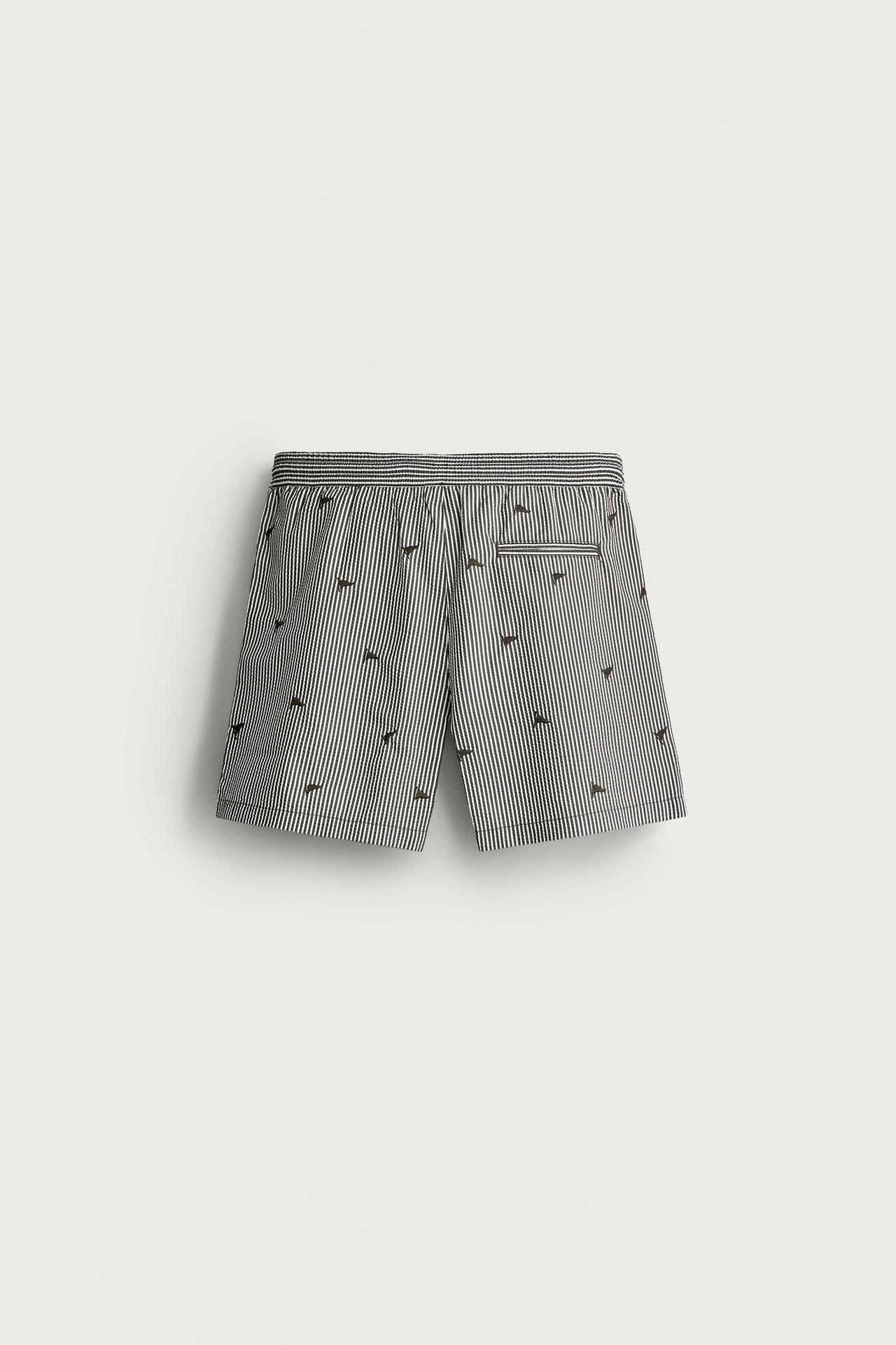 EMBROIDERED SEERSUCKER SWIM SHORTS — Black