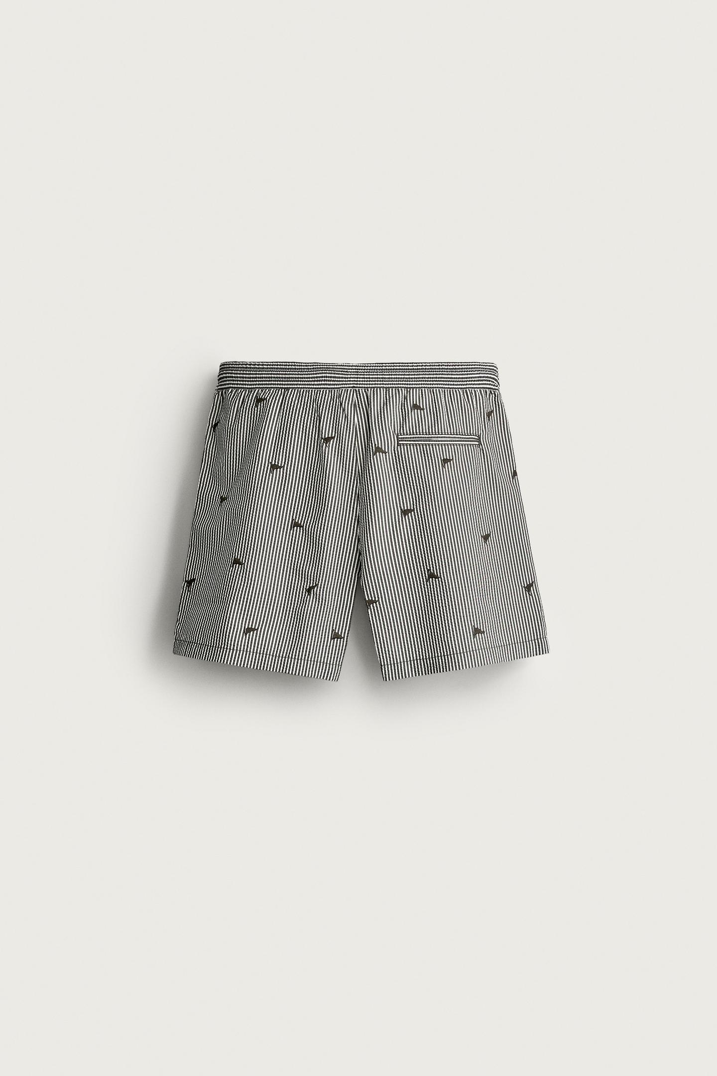 Пляжные шорты для мужчин, вышивка, сирсакер — Zara, цвет: Чёрный — фото 2