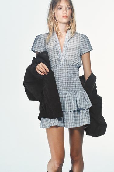 Zara RUFFLED PLAID SHORT DRESS - Brown-Blue