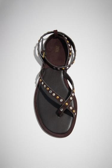 Zara BEADED LEATHER SANDALS - Brown