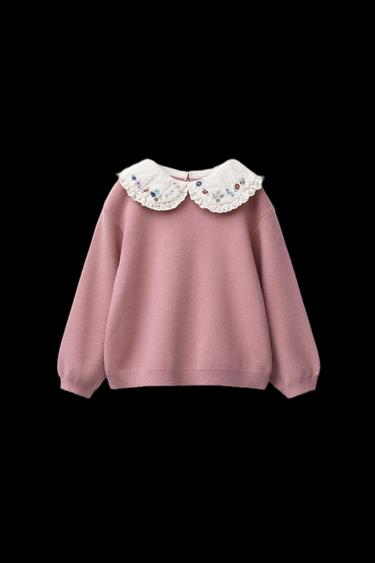 Zara FLORAL PETER PAN COLLAR KNIT SWEATER - Mid-pink