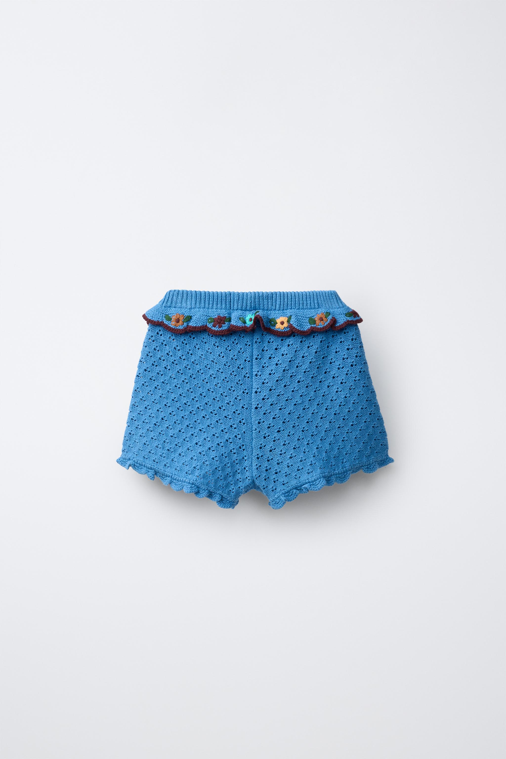 COTTON-LINEN KNIT SHORTS WITH RUFFLES AND EMBROIDERY — Bluish