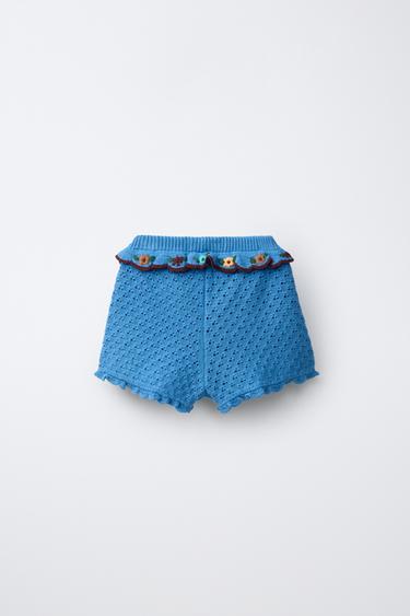 COTTON-LINEN KNIT SHORTS WITH RUFFLES AND EMBROIDERY — Bluish 2