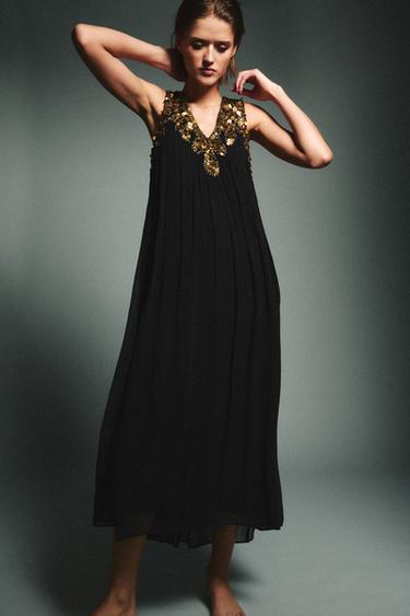 ROBE PLISSÉE EN CRÊPE GEORGETTE ET PAILLETTES - Noir de Zara