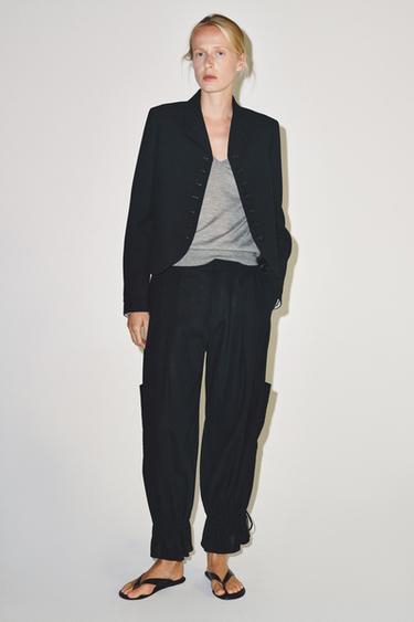 Zara ZW COLLECTION DRAWSTRING PARACHUTE PANTS - Black