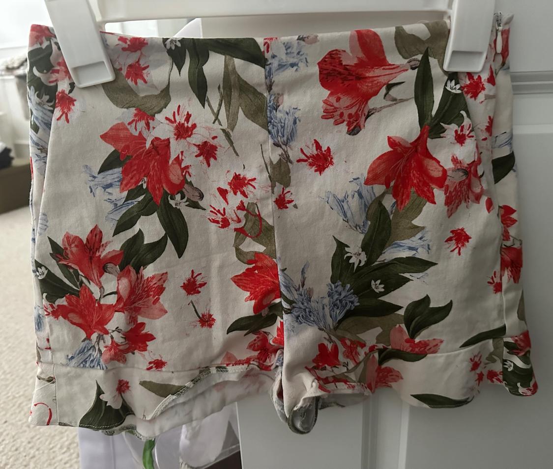 Light-coloured shorts with a red and blue floral print, green leaves and a frilled hem, hanging on a white hanger.