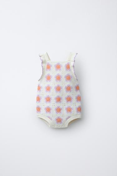 Zara CROCHETED FLOWER KNIT ROMPER - Ecru