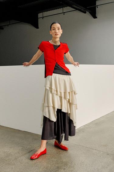 Zara ZARA WOMAN COLLECTION 飄逸荷葉邊半身裙 - 米色 / 綠色