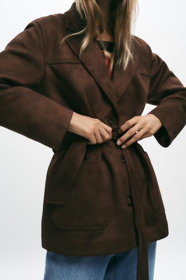 VESTE EFFET DAIM CEINTURE - Marron de Zara