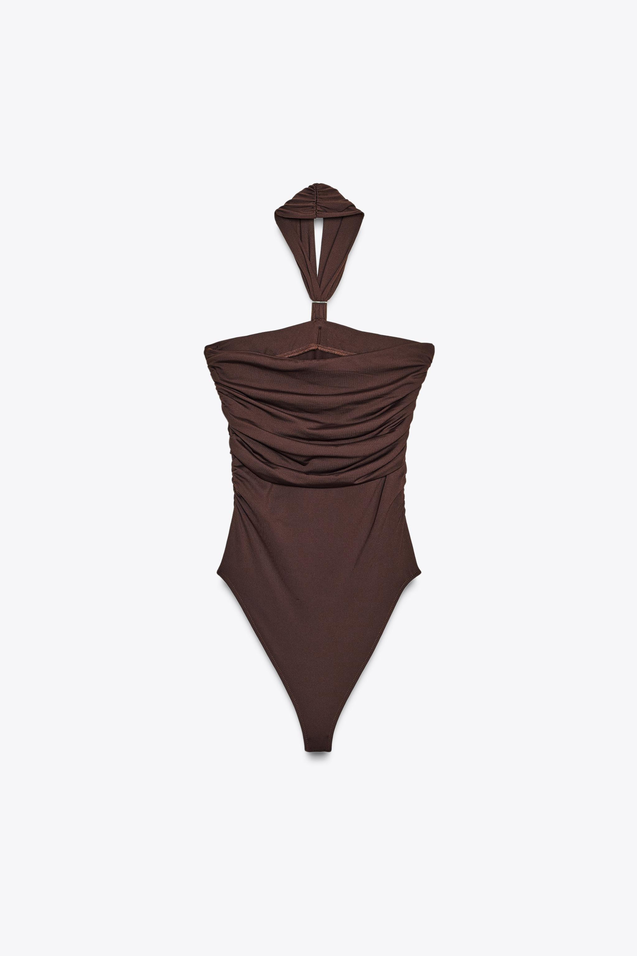 HALTER POLYAMIDE BODYSUIT WITH METAL DETAIL - Dark brown