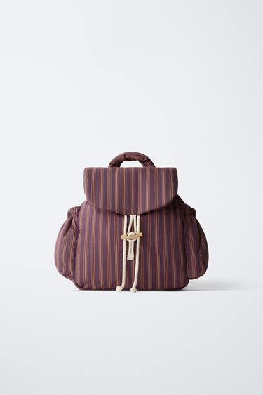 Zara STRIPED BACKPACK - Caramel Brown