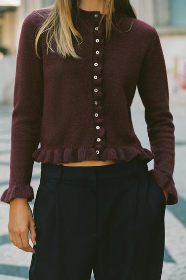RUFFLED KNIT CARDIGAN - Burgundy by Zara - Image 2