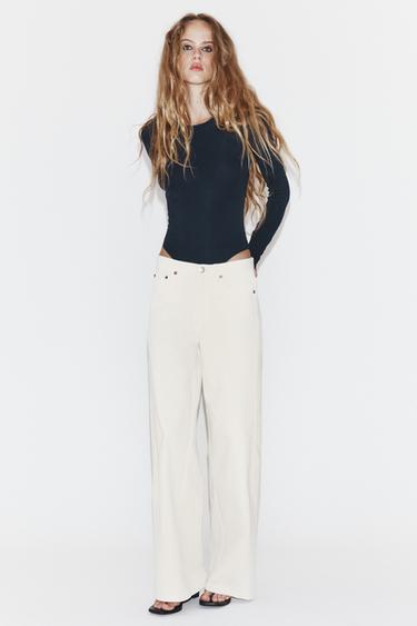 Zara TRF MID-RISE WIDE LEG JEANS - Oyster-white