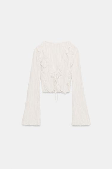 RUFFLED TIE-FRONT CROP TOP - Oyster-white by Zara