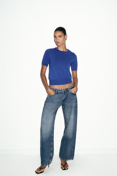 HAUT EN MAILLE BASIQUE À MANCHES COURTES - Bleu de Zara