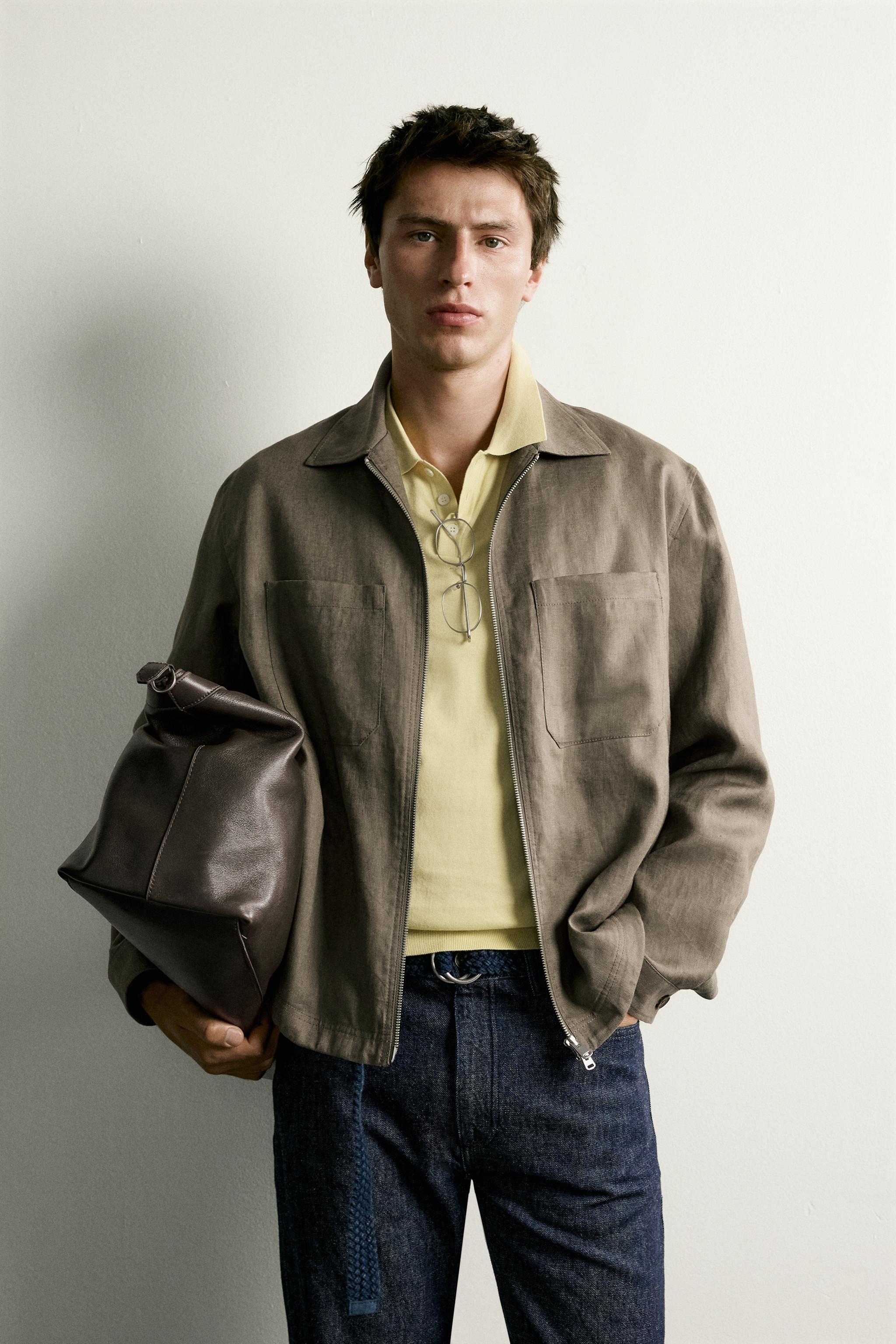 100% LINEN ZIP-UP OVERSHIRT — Mink