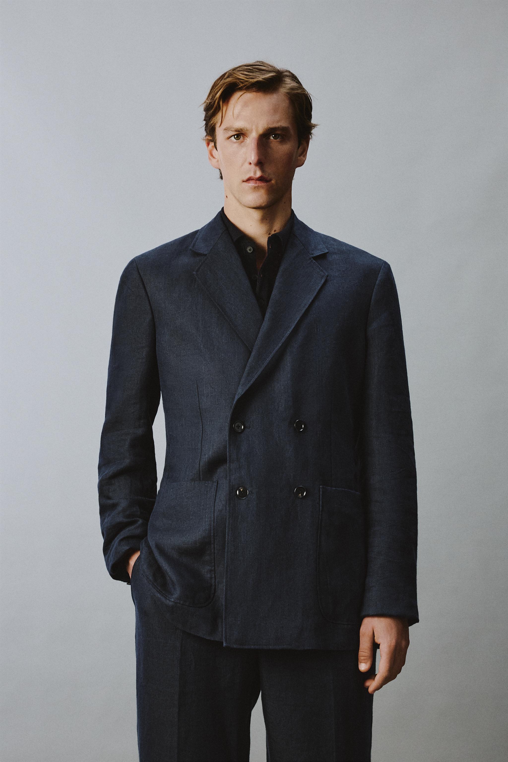 HERRINGBONE 100% LINEN DOUBLE-BREASTED BLAZER