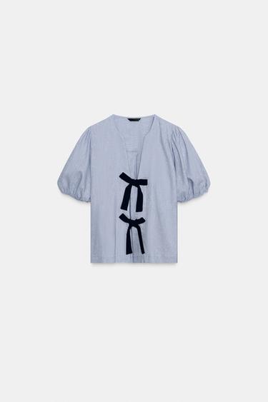 LINEN BLEND TIE BLOUSE - Light blue by Zara - Image 0