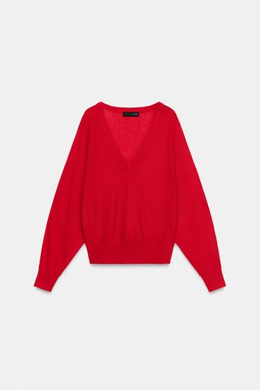 PULL AVEC LAINE COL EN V - Rouge de Zara