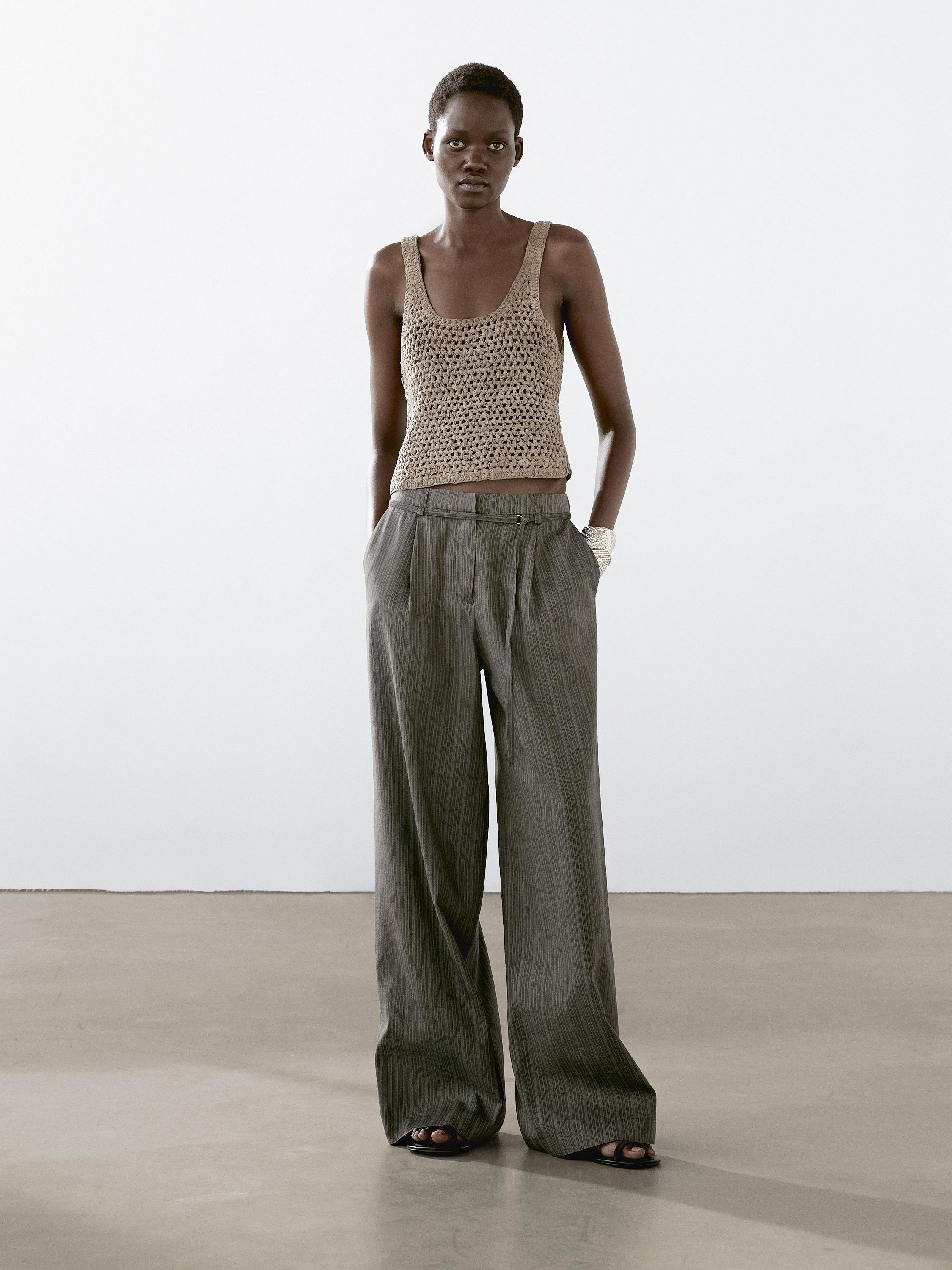 Multi-stripe trousers with belt detail