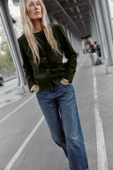 100% LEATHER JACKET WITH EVASÉ HEM - Khaki by Zara