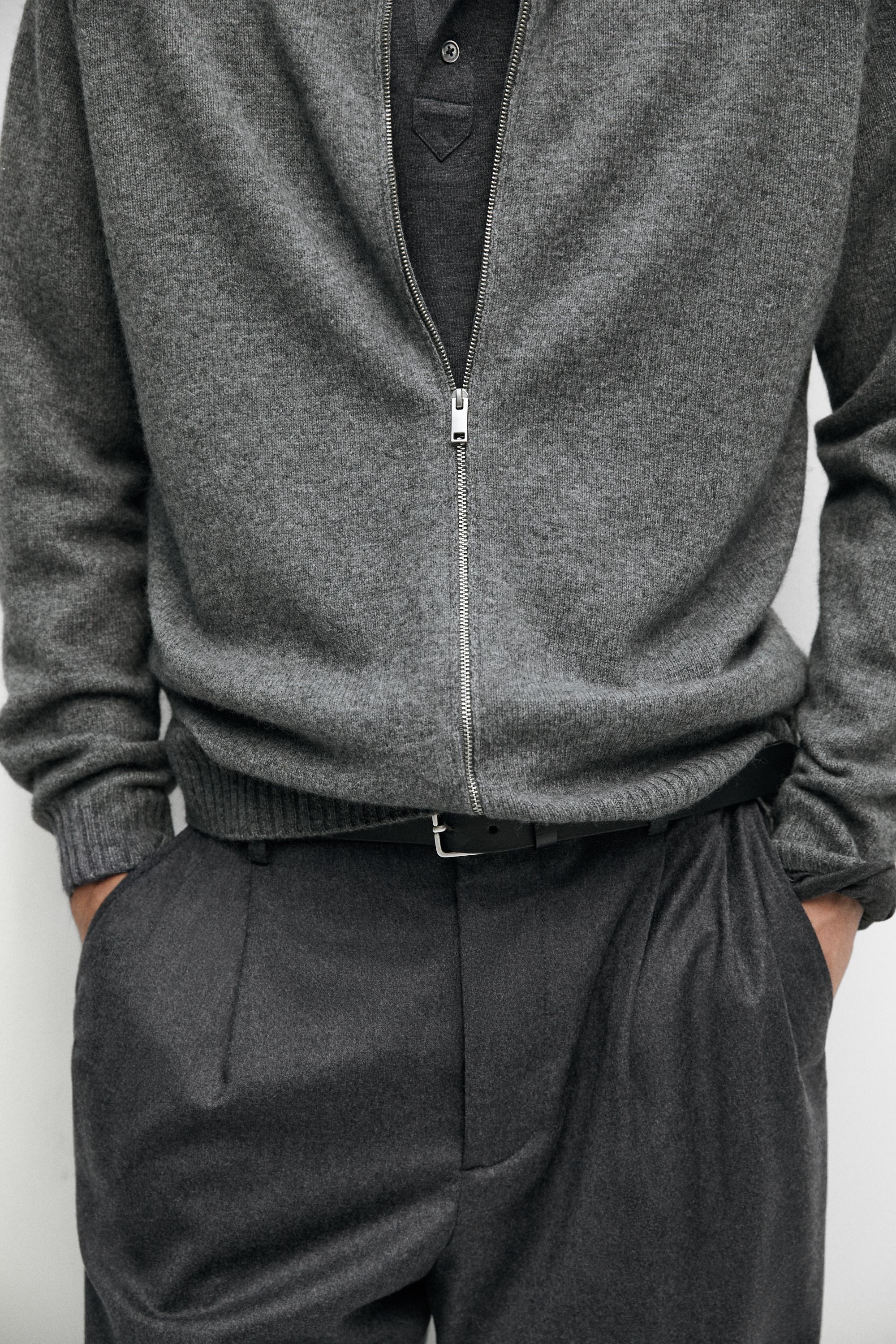 Wool blend zip-up knit cardigan