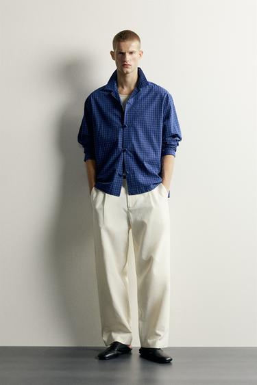 Zara 格紋織物牛角扣襯衫 - 深藍色 - 圖片 0