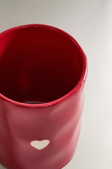 STONEWARE CHRISTMAS MUG WITH HEART - Red / White by Zara - Image 3