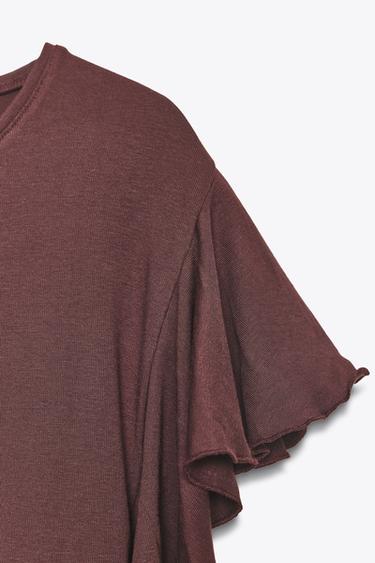 T-SHIRT WITH RUFFLE SLEEVES - Brown by Zara - Image 6