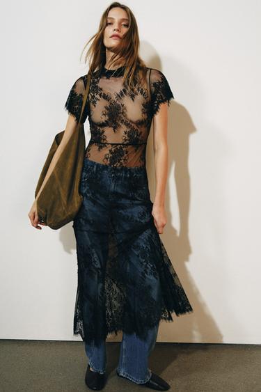 Zara ZW COLLECTION LACE MAXI DRESS - Black